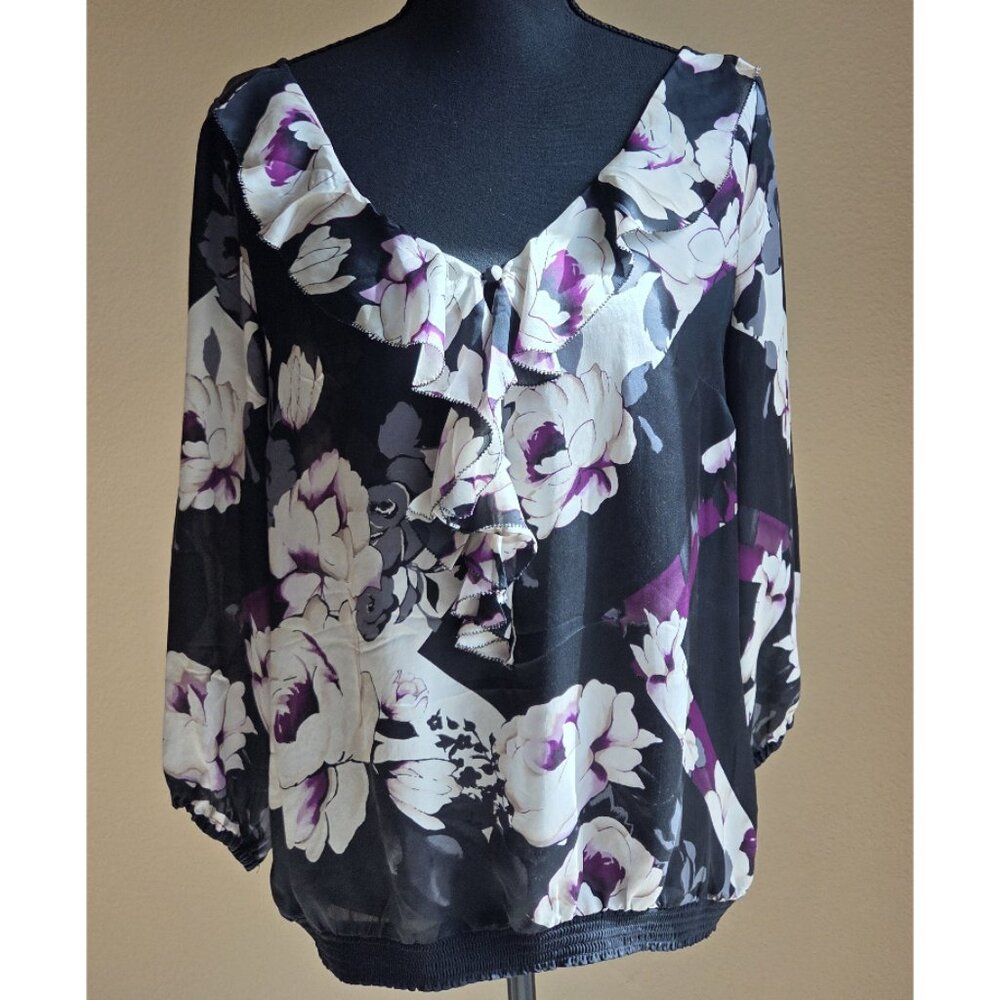 White House Black Market Floral Silk Blouse | Black Purple Ruffle V-Neck Top